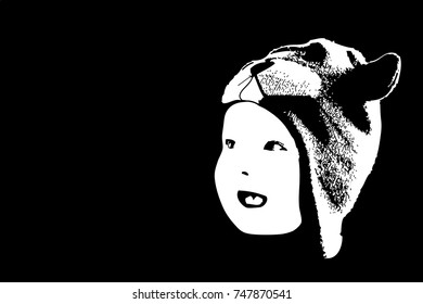 Little baby face stencil on a black background. Vector art.