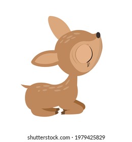 A little baby fawn without horns. Isolated object on a white background. Cheerful kind animal child. Cartoons flat style. Funny. Vector