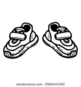Little baby first shoes. Hand drawn doodle. Sneakers. Boots. Child's footwear. Childhood. Vector line art illustration.