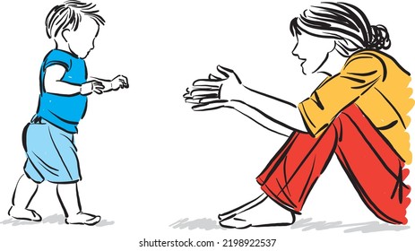 little baby first steps mom with son learning to walk vector illustration