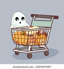 The little baby ghost looks at the many goodies in the supermarket cart and wonders about Halloween shopping. Cute minimalistic isolated vector illustration