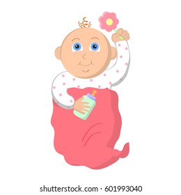 Little baby girl. Adorable baby with beans and a bottle for feeding