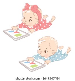 Little baby girl and boy lay on stomach with tablet. Children with gadgets. Baby wearing bodysuit reach out for tablet with hand, learn forms and colors. Early development. Color vector illustration