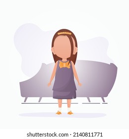 Little baby girl in cartoon style. Poster with a teenage girl who is depicted in full growth. Vector.