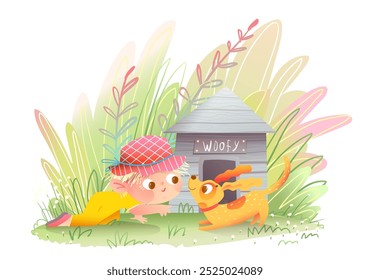 Little baby girl crawling with her Dog or Puppy. Cute girl child play with doggy outside in nature near kennel. Vector graphic design illustration, graphic cartoon for kids and dog lovers.