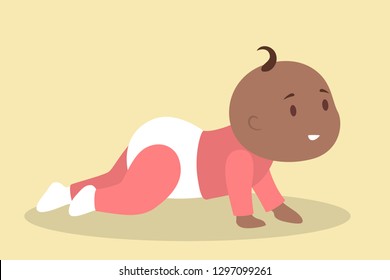 Little baby girl crawling. Toddler in diaper. Cute happy child. Adorable infant. Flat vector illustration