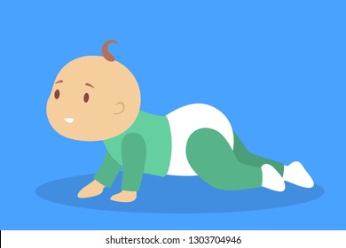 Little baby girl crawling. Toddler in diaper. Cute happy child. Adorable infant. Flat vector illustration