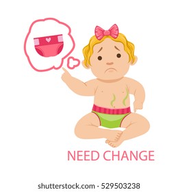 Little Baby Girl In Dirty Diaper Needs Change. Infant Being Unhappy And Crying Cartoon Illustration Collection