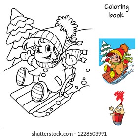 Little baby girl enjoying sleigh ride. Winter holiday. Coloring book. Cartoon vector illustration