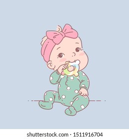 Kleines kleines Mädchen in grünen Pyjamas sitzen, halten Teeling Ring . Kleines Kleinkind mit Mundstück. Farbvektorgrafik. Baby trägt einen Springanzug. Spiele im ersten Jahr. Baby hält Teething Spielzeug. 