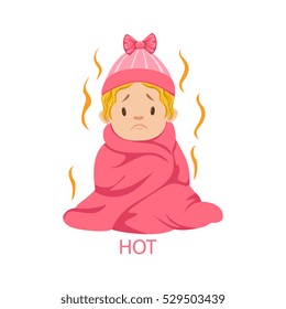 Little Baby Girl In Hat And Blanket Is Too Hot. Infant Being Unhappy And Crying Cartoon Illustration Collection