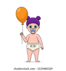 Little baby girl isolated on white background. A small child in diaper with a pacifier holding orange balloon in his hand. Illustration can be used for the design of children's clothing or things.