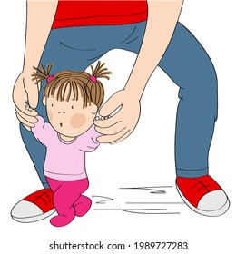 Little baby girl learning to walk. Young father helping his daughter, holding the toddler, making first steps - original hand drawn cartoon illustration