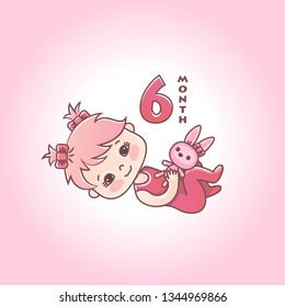 Little baby girl with pink bow and toy bunny. Stages of child development in the first year of life. The sixth month of a baby girl. Vector Illustration isolated on pink background