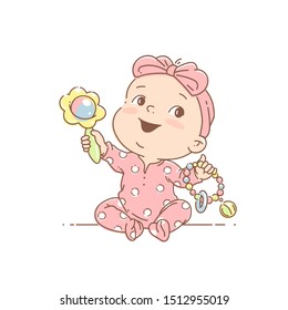 Little baby  girl in pink pajamas, with bow play sitting. Cute toddler child with toy  rattle in hand. Color vector isolated illustration. Baby holding toys. First year games. Baby hold teething toy. 