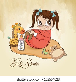 little baby girl play with her toys. baby shower card