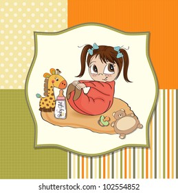 little baby girl play with her toys. baby shower card
