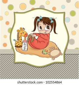 little baby girl play with her toys. baby shower card