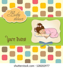 little baby girl play with her teddy bear toy. new baby announcement card