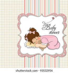 little baby girl play with her teddy bear toy. new baby announcement card