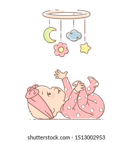 Little baby girl play with mobile toy. Girl wear pink pajamas and bow. Baby girl  lying on back, look at bright hanging toy. Colorful vector Illustration isolated on white background.
