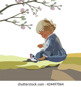 Little baby girl playing in a garden. Vector beautiful cute illustration for Children's Day