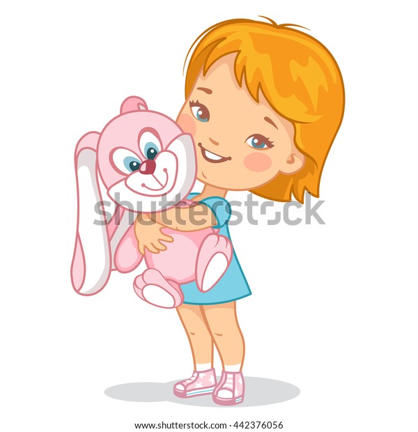 プラッシュおもちゃの小さな女の子 ピンクのバニーを持つ1 7歳の子ども 子供はおもちゃの友達と遊ぶ ピンクのおもちゃのウサギを抱きしめながら 幸せな笑顔のベビースタンド 白い背景にベクターイラスト のベクター画像素材 ロイヤリティフリー