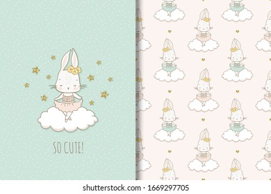 Little baby girl rabbit ballerina with blossom dancing on the cloud among the golden stars. Kids card print template and seamless background pattern set. Hand drawn cartoon poster or shirt design.