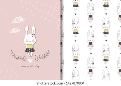 Little baby girl rabbit forest animal character. Kids card template and seamless background pattern. Hand drawn shirt print design vector illustration.