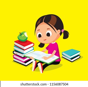 Little baby girl is reading a book and dreaming sitting on floor beside near with pile of books. . Pile of books. Vector illustration. Flat design. 