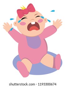 A little baby girl sits with his mouth open and cries.Vector illustration