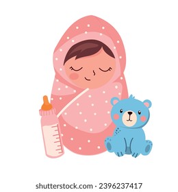 little baby girl sleeping with a bottle of milk, vector Illustration