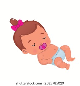 Little baby girl sleeping and with pacifier, vector illustration.