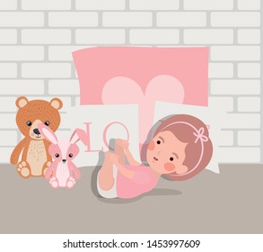 little baby girl with stuffed toys character