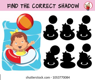 Little baby girl in a swimming circle playing with a ball in the water. Find the correct shadow. Educational matching game for children. Cartoon vector illustration