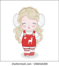 little baby girl In warm white sweater, shoes, striped tights and headphones. Picture in hand drawing cartoon style, for Christmas or New year greeting card, party invitation.