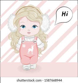 little baby girl In warm white sweater, shoes, and headphones. Picture in hand drawing cartoon style, for Christmas or New year greeting card, party invitation.