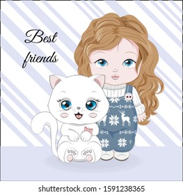 little baby girl In warm white sweater, shoes, SwissTech and cat. best friends  Picture in hand drawing cartoon style, for Christmas or New year greeting card, party invitation.