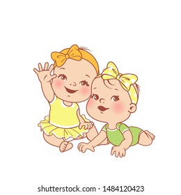 Little baby girls siting, lying on the stomach.  First year. Clothes for children. Baby fashion. Smiling toddler twin girls together. Sisters. Happy baby wave hand. Color vector illustration.