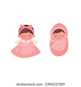 little baby girls sleeping with angel wings vector illustration