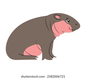 Little baby hippopotamus, side view. Hand drawn isolated vector illustration with cute hippo.