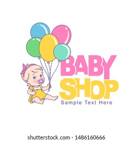 Little baby hold bundle of air balloon. Baby in diaper sitting. Design template for kid product. Toy, clothes, care products label. Shop emblem. Color vector illustration.