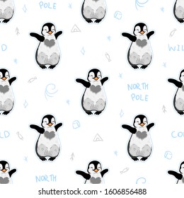 little baby hugging penguin with doodle tribal elements on white background seamless pattern, editable vector illustration for kids fabric, textile, paper, decoration