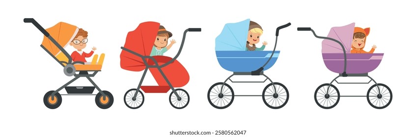 Little Baby Kid Sit in Carriage or Pram Seat Vector Set