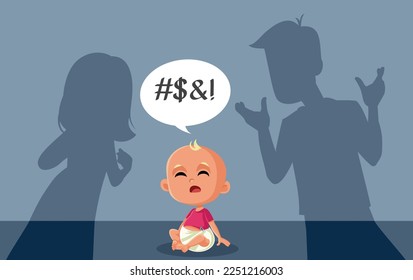 
Little Baby Learning a Vulgar Swear Word vector Cartoon Illustration. Child using bad language after mimicking and imitating 
