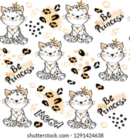 Little baby leopard and inscription be princess on a white background seamless pattern