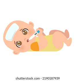 Little baby lying down sick with fever. Flat vector cartoon design