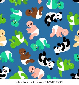 little baby man and animal pattern seamless. Human child and alien background. Panda and crocodile child texture