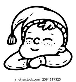 Little baby in nightcap hand drawn doodle. Newborn child smiling in sleep. Cute person in hat. Vector line art illustration.