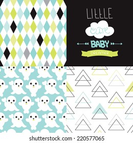 Little baby nursery poster design and little pastel seal seamless background pattern set collection in vector